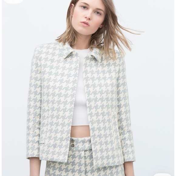 Zara Jackets & Blazers - Zara Cream Baby Blue Houndstooth Crop Jacket Size Medium